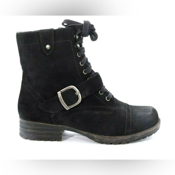 Tara M Shoes - Tara M Teagan Moto Black Mid Calf Suede Rustic Buckle Boots
